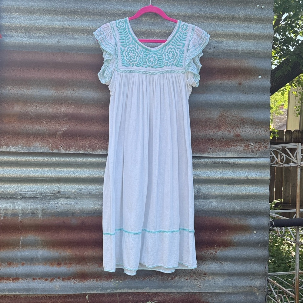 Vintage handmade Gauze Dress with Turquoise Embroidery